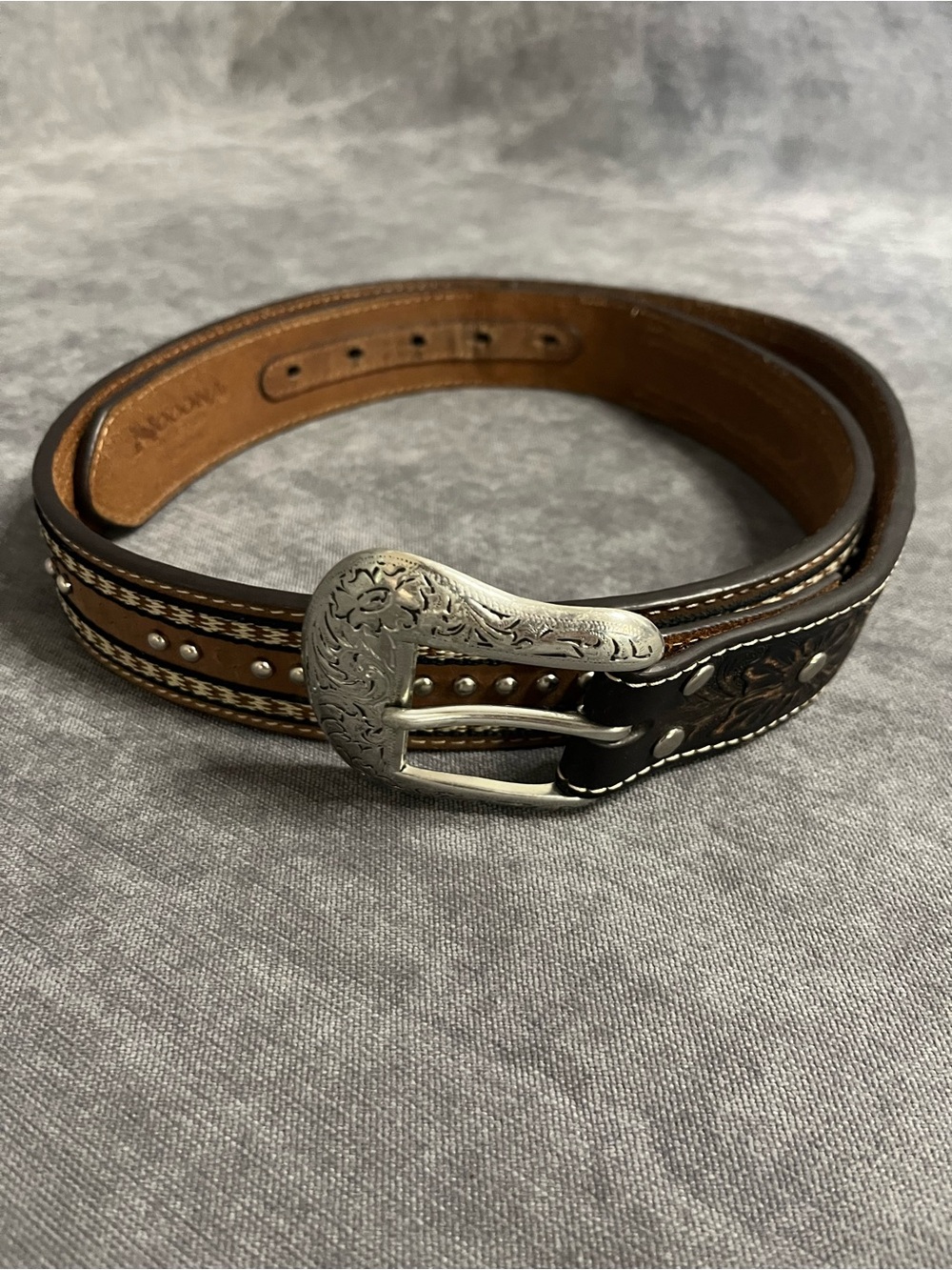 Nocona Western Leather Belt Men’s Size 39 Brown Tooled Studded Cowboy Rodeo